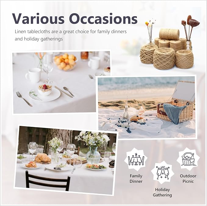 Linen World Linen Tablecloth,100% French Linen White Tablecloth 120" x 60" Inch,Washable Rectangular Tablecloth for Dining,Outdoor,Weddings and Restaurants,Decorative Thanksgiving Christmas