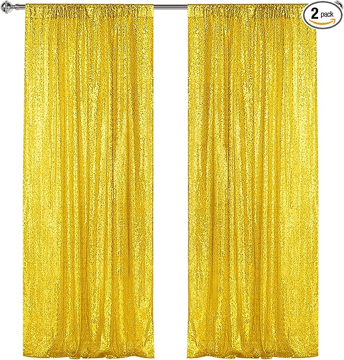 Sugargirl Golden Yellow Sequin Backdrop Curtain 2 Panels 2FTx8FT Glitter Golden Yellow Background Drapes Sparkle Photography Backdrop for Party Wedding Birthday Wall Decoration