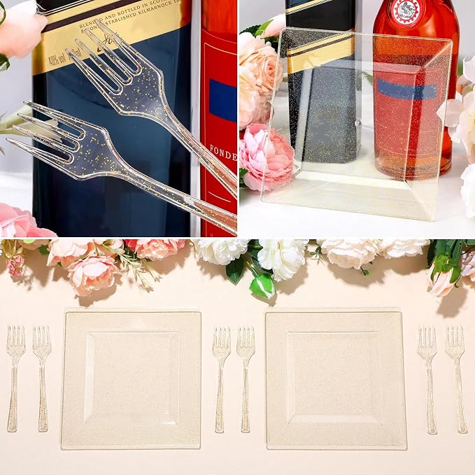 Eccliy 200 Pcs Gold Glitter Plastic Plate Sets Including 100 Disposable Glitter Plates 6.5 Inch and 100 Dessert Forks 5 Inch Clear Dinner Appetizer Forks Bulk for Birthday Wedding Party