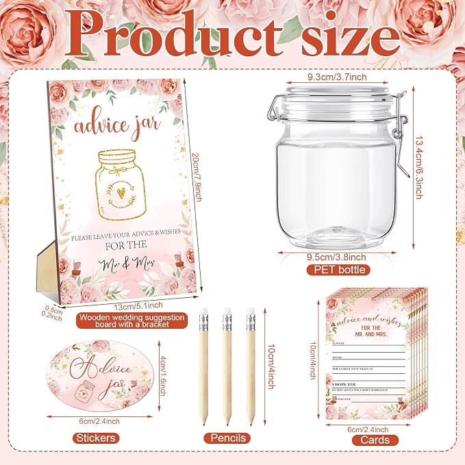 Jetec 74 Pcs Advice and Wishes for the Mr and Mrs 60 Pcs Wedding Advice Cards Advice and Wishes Jar Box Bridal Shower Advice and Wishes Cards for Bride and Groom Bridal Shower Decor(Pink Floral)