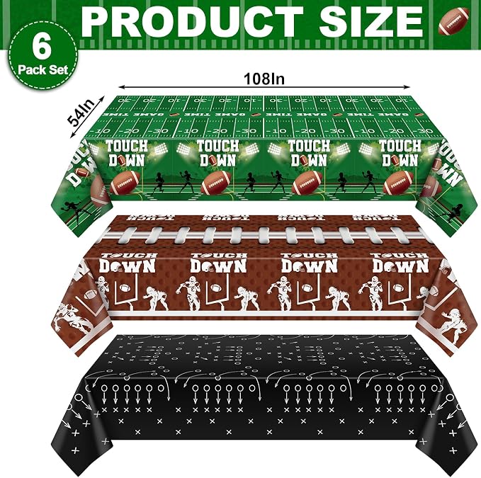 NatNarr 6 Pack Plastic Football Tablecloth, Football Party Decorations 54 x 108 Inch Disposable Table Cloth for Rectangle Tables Touchdown Table Cover for Football Theme Party Games Decor