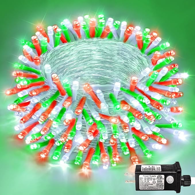 250 LED Christmas Lights Outdoor Waterproof, Christmas String Lights with 8 Modes, Clear Wire Plug in Twinkle Fairy for Indoor Bedroom Party Patio Holiday Decorations, Red White&Green