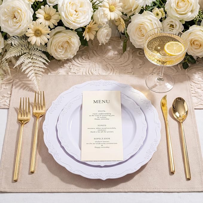 Tinybee 300PCS Gold Plastic Silverware - Heavy Duty Disposable Silverware, Luxury Gold Plastic Utensils - Elegant Disposable Utensil Include 100 Knives, 100 Forks, 100 Spoons Perfect for Party&Wedding