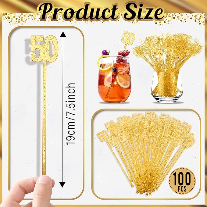 Reallnaive 100 Pcs 50th Birthday Drink Stirrers Gold Glitter Cocktail Stirrers Plastic Swizzle Sticks 7.5 Inch Fall Birthday Cupcake Toppers Sticks Bulk for Coffee Bar Cake Pops Christmas Party Favor