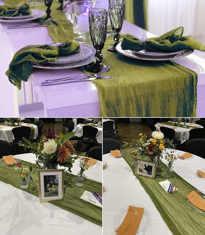 15 Pack Cheesecloth Table Runner Grass Green 10Ft Gauze Cheese Cloth Table Runner 35x120 Inch Boho Table Runners for Wedding Birthday Party Engagement Bridal Baby Shower Anniversary Christmas Decor