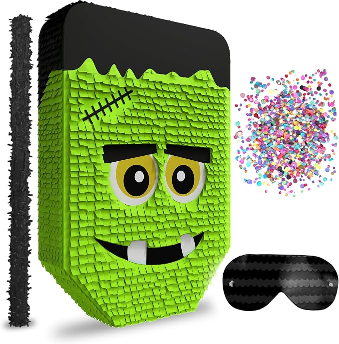 Jergrim Cute Frankenstein Halloween Piñata 3-piece Bundle for kids and adults, fits 2lbs of candy, perfect for Halloween party, spooky decorations, October birthday and party supplies