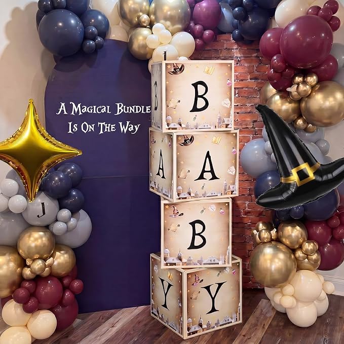 AmazingSpark 4 Pcs Magical Wizard Baby Shower Boxes with Letters Magical Wizard Theme Candy Box Decor with Letters Blocks Baby Shower Centerpiece for Party Backdrop