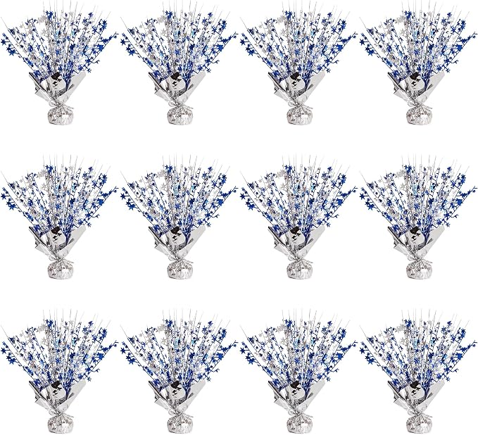 12 Pack Metallic Foil Spary Centerpieces for Tables, Silver NavyBlue Centerpieces for Tables Decorations, Star Brust Table Centerpieces for Birthday Graduation Wedding Baby Shower Party
