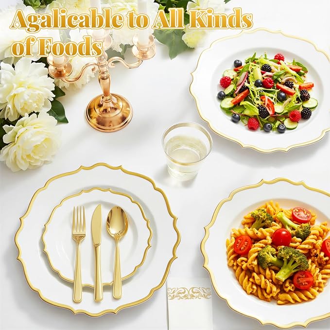 Glowserve 175 Piece Disposable Plastic Plates Dinnerware Set for 25 Guests | 50 Plastic Plates,25 Silverware Set,25 Cups and Napkins,Party Wedding Birthday,Family Gathering,Fancy Plastic Plates