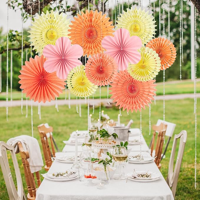 PAPER JAZZ Paper Flowers with Paper Fan Boho Hanging Decor Artificial Flowers Decorations for Wall Pink and Orange Party Decorations for Classroom, Beach Party, Summer Birthday Party Pack of 11.