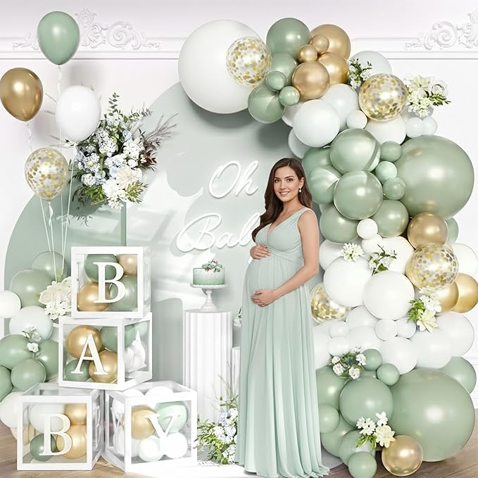 148Pcs Sage Green Baby Shower Decorations - Gender Neutral Party Supplies - Olive Green Gold White Balloon Garland Arch Kit with 4 Baby Boxes for Boy Girl Jungle Safari Backdrop