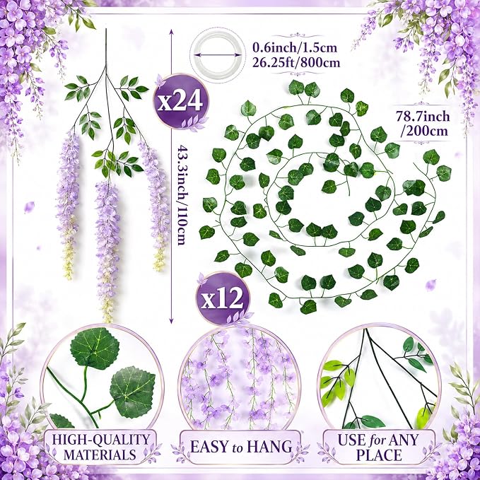 36 Pcs Fairy Party Garland Decorations Set Artificial Wisteria Hanging Flower Garland Wisteria Vines Greenery Whimsical Ceiling Decor for Classroom Wedding Party Indoor Outdoor Garden(Purple)