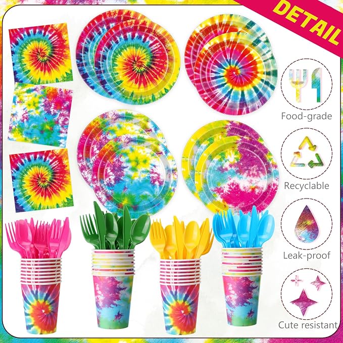 Ceenna 390 Pcs Tie Dye Party Supplies for 48 Guests, Tie Dye Paper Plates Napkins Cups Tablecloth Cutlery Disposable Tableware Set for Birthday Baby Shower Party