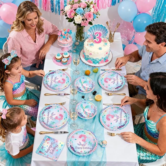 96Pcs Mermaid 3rd Birthday Party Decorations Mermaid 3rd Plates and Napkins Sets Under the Sea Theme 3 Years Old Decorations for Girls Boys Ocean Birthday Party Supplies Serves 24