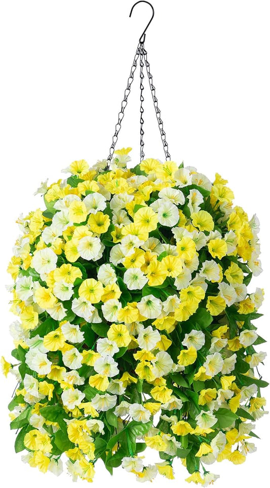 INXUGAO Artificial Flowers with Hanging Basket, Outdoor Faux Plants Silk Morning Glory Vines, Fake Green Arrangement for Garden Patio Spring Summer Decor(4pcs,Yellow White)
