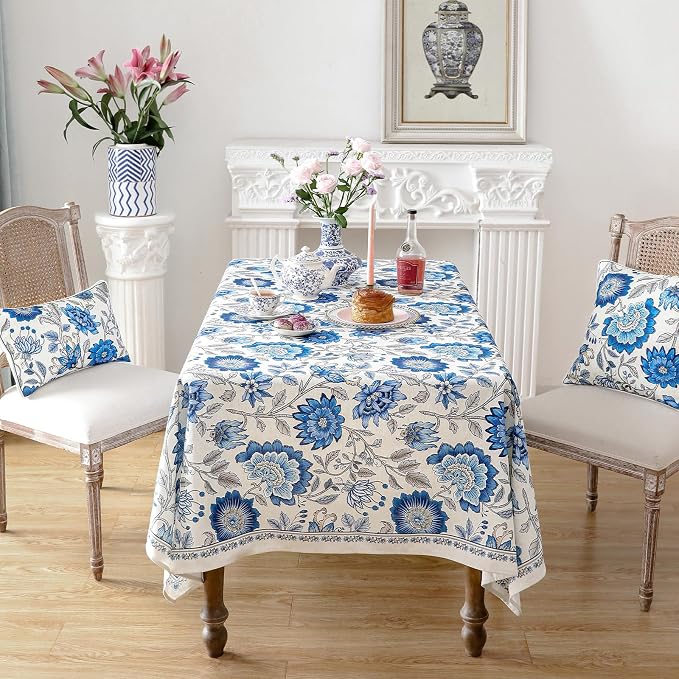 ISAENNE Designer French Linen Rectangular Tablecloth,87"x55"-Blanch | Chinoiserie Vintage Elegant Table Cloth Rectangle Table,Blue Floral Pattern,Beautiful,Dining Room,Kitchen,Thanksgiving