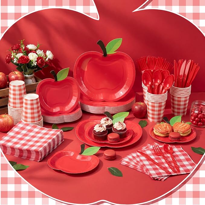 400 Pcs Back to School Party Supplies Serve 50, Apple Paper Plates Napkins Cups Apple Decoration Red Gingham Tableware Set for Last/First Day of School Party Supplies