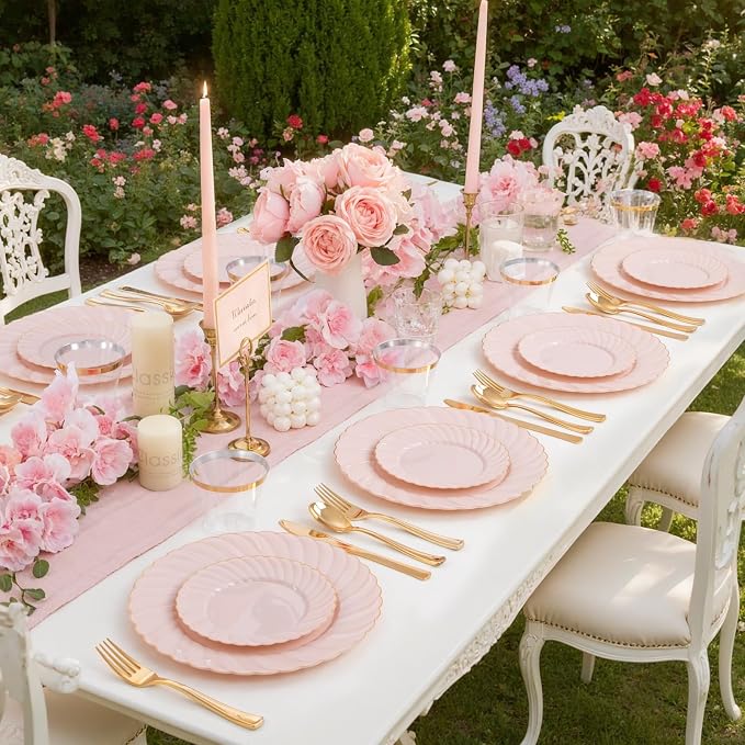 YOUBET 125Pcs Pink Plastic Plates with Gold Rim - Scalloped Plastic Plates Set Includes 25 Dinner, 25 Dessert Plate, 75 Gold Silverware for 25 Guests for Wedding Birthday Baby Shower