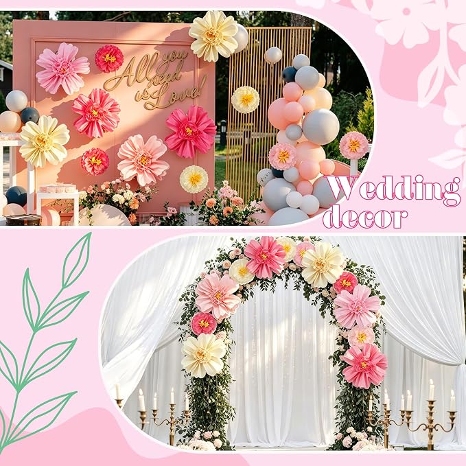 Crowye 12 Pcs Large Colorful Tissue Paper Flowers Decorations Giant Fiesta Craft Crepe Paper Flowers for Wall Decor Backdrop Mexican Wedding Birthday Carnival Party (10'' 20'',Pink Color)
