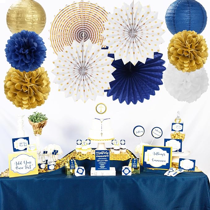 Navy-Blue White Gold Party-Decorations - 20pcs Graduation 2026 Paper Lanterns Fans,Tissue Pom Poms,Honeycomb Ball,Birthday Bridal Celebration Bachelorette Baby Shower Wedding Homecoming Decor Burgleda