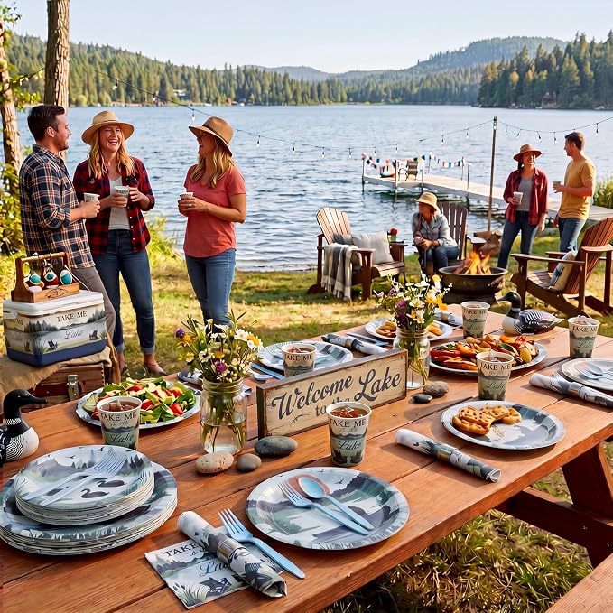 300 Pcs Lake Life Birthday Party Supplies Summer Lakeside Party Dinnerware Includes Plates, Napkins and Cups Plastic Cutlery Happy Birthday Dinnerware Kits, Serve 50 Guests