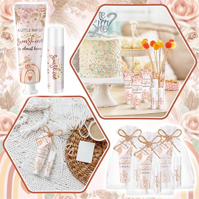 Lounsweer 24 Sets Boho Baby Shower & Baby Sprinkle Favors for Guests Rainbow Sunshine Hand Cream and Lip Balm Gift Set with Organza Bags and Thank You Cards Travel Size Lotion