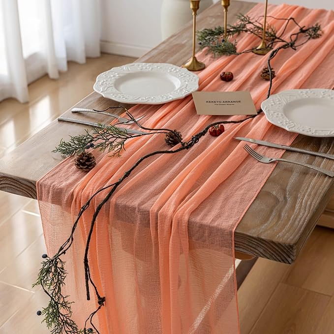 Keketoarrange Fresh Salmon Spring Cheesecloth Table Runner Mothers Day Decor Peach Echo Gauze 120 Inch 10 FT Boho Table Runner for Wedding Baby Shower Bridal Shower Party Sheer Summer Home Decorations