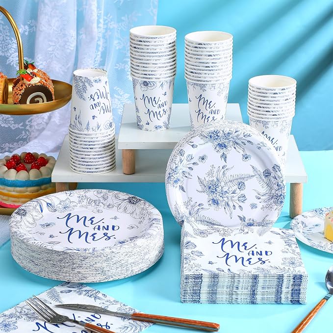 Zhehao 250 Pcs Mr. and Mrs. Bridal Shower Plates Napkins Sets 50 Pcs Floral 9'' Dinner Plates and 7'' Dessert Plate and 9oz Cup 100 Napkin Serves 50 Bridal Shower Decoration Engagement Party Supplies