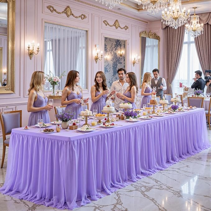 4 Pack Lavender Tulle Tablecloths with Skirt for 8 Foot Rectangle Tables Party Ruffle Tutu Tablecloth 8FT Stretch Fitted Table Cover for Wedding Reception Birthday Baby Shower Celebration Banquet