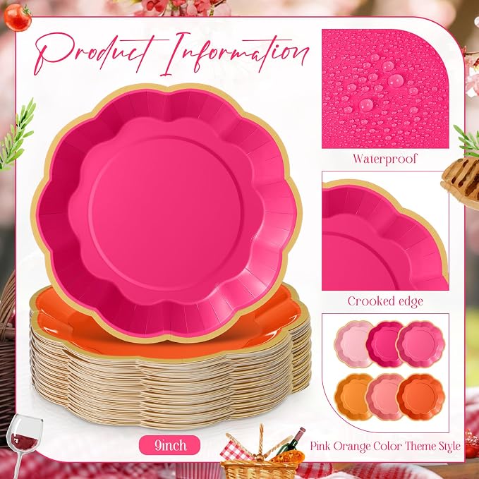 72 Pcs Pink and Orange Paper Plates 9 Inch Pink and Orange Scalloped Paper Disposable Dinner Dessert Plates for Birthday Wedding Bridal Party Supplies, 6 Colors