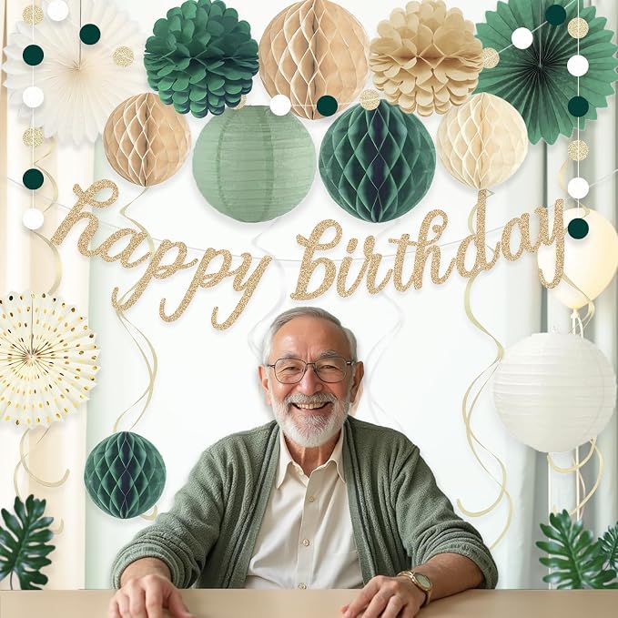 Sage Green Happy Birthday Decorations for Women, Pre-Strung Happy Birthday Banner with Honeycomb Balls, Paper Flowers, Lanterns, Hanging Swirls, Circle Dots Garland for Birthday Party Decor 24pcs