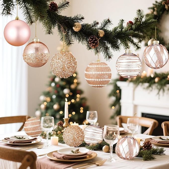 Lyrow 12 Pcs 4 inch Christmas Balls Ornaments Glitter Shatterproof Christmas Decorations Tree Balls Sparkly Holiday Ornaments Bulk for Xmas Trees(Rose Gold)