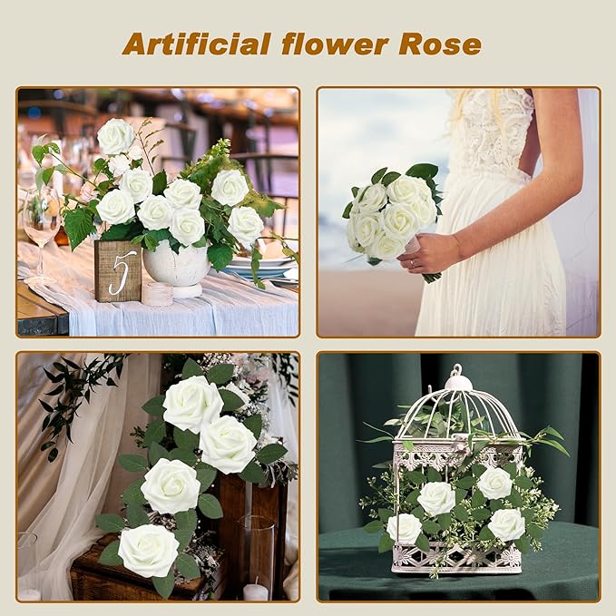 JOYLEX Artificial Flowers Realistic Roses, 25pcs Real Looking Fake Roses with Stem for DIY Wedding Bouquets Centerpieces Bridal Shower Party Home Romantic Decorations (25pcs, Milk White)
