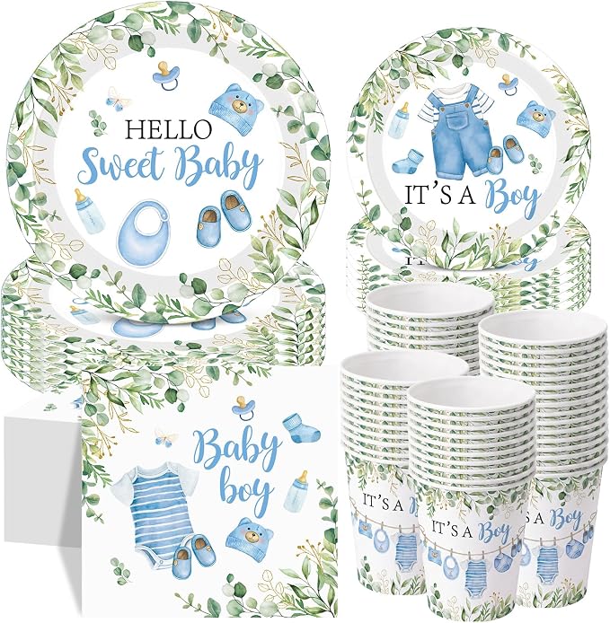 Pickmesh 250 Pcs Blue Boy Baby Shower Disposable Tableware Set Hello Sweet Boy Paper Plates Napkin Cup Cutlery with Sage Decoration for Gender Reveal Birthday Party Supply Baby Shower, Serve 50 Guest