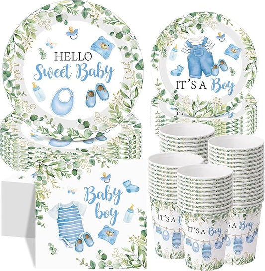 Pickmesh 250 Pcs Blue Boy Baby Shower Disposable Tableware Set Hello Sweet Boy Paper Plates Napkin Cup Cutlery with Sage Decoration for Gender Reveal Birthday Party Supply Baby Shower, Serve 50 Guest
