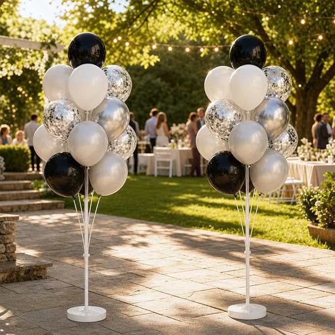 Balloon Column Stand Kit,2 Sets of Assorted Rainbow Balloon Tower Pillar with 10inch Bright Color baloon Reusable Design for Grirls Party,Birthday, Wedding,Baby Shower (Black Silver)