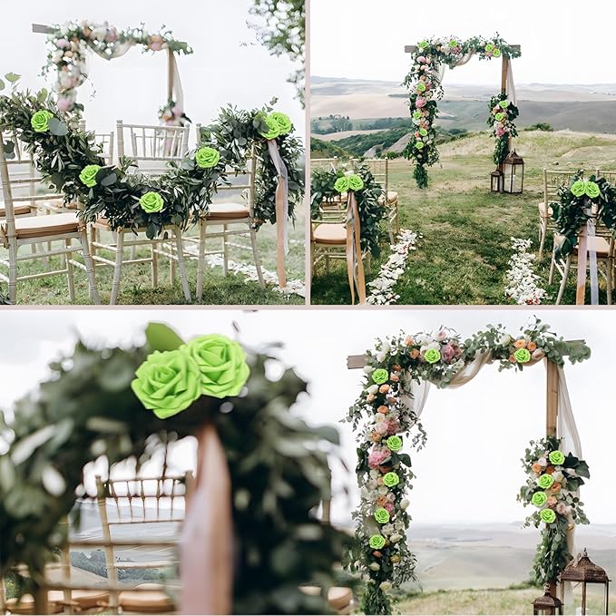 Artificial Flowers 50 Pcs Green Roses Real Looking Foam Fake Roses with Leaves for DIY Wedding Bouquets Bridal Shower Centerpieces Party Decorations (Green, 50)