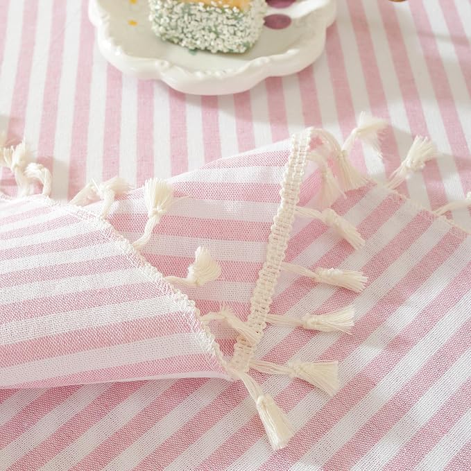 meioro Striped Rectangle Tablecloth, Cotton Blend Fabric Pink Table Cloth with Tassel, Washable Wrinkle Free Table Cover Boho Picnic Tablecloths for Valentines Day Kitchen Dining - 55 x 86 Inch