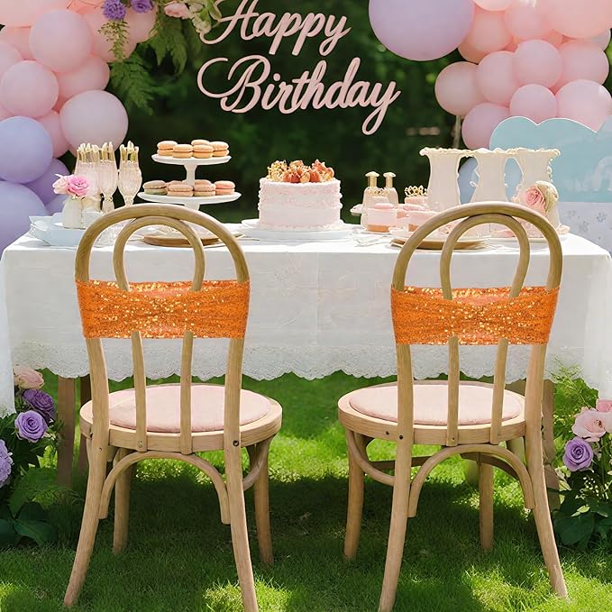 Poise3EHome Orange Sequin Chair Sashes,Folding Chair Cover Bands for Wedding Party Ceremony Banquet Decorations, 20 PCS