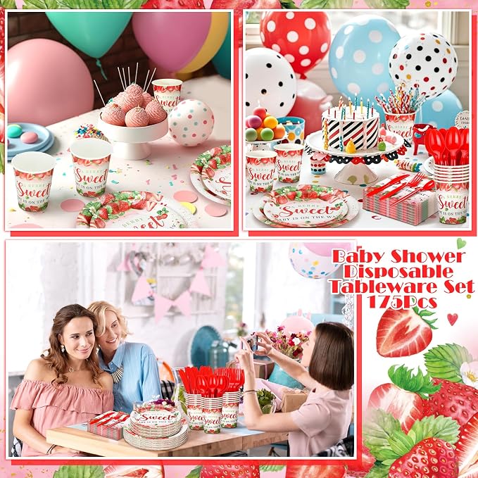Sliner 175 Pcs Strawberry Baby Shower Paper Plates Napkins Cups Gender Reveal Party Supplies Tableware Set a Berry Sweet Baby Is on the Way Disposable Plates for 25 Guest Girls Summer Party Decoration