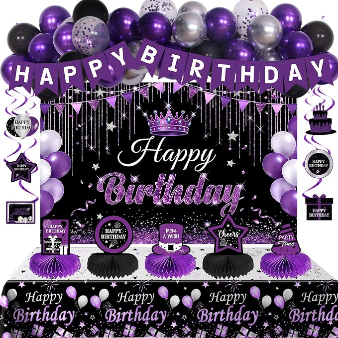 Black and Purple Birthday Decorations for Women Girls Men, Purple and Silver Party Decorations Happy Birthday Banner Backdrop Honeycomb Centerpiece Table Decoration Black Confetti Silver Balloons Arch