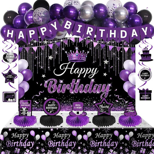 Black and Purple Birthday Decorations for Women Girls Men, Purple and Silver Party Decorations Happy Birthday Banner Backdrop Honeycomb Centerpiece Table Decoration Black Confetti Silver Balloons Arch