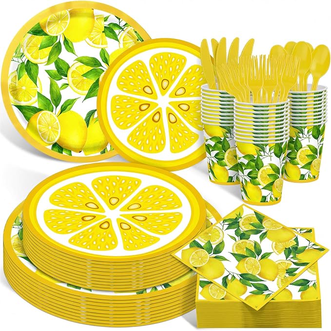 Pickmesh 400 Pcs Lemon Party Supplies Summer Fruit Disposable Plates Napkins Cups Spoons Forks Knives for Yellow Lemons Birthday Wedding Bridal Shower Baby Shower Table Decorations Serve 50