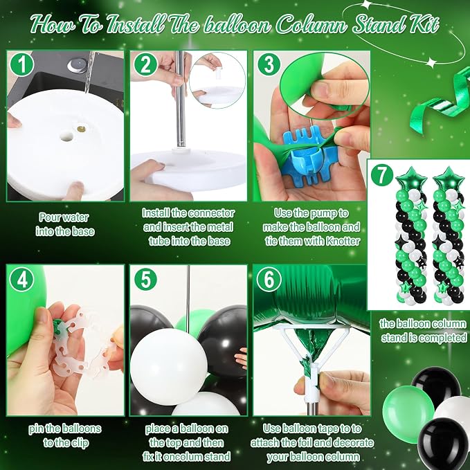 Gejoy 110 Pcs Football Party Balloon Column Stand Kit Green White Black Adjustable Tower Stand from 1.4 to 6.6 ft with Bases for Football Party Back to School Wedding Birthday Baby Shower