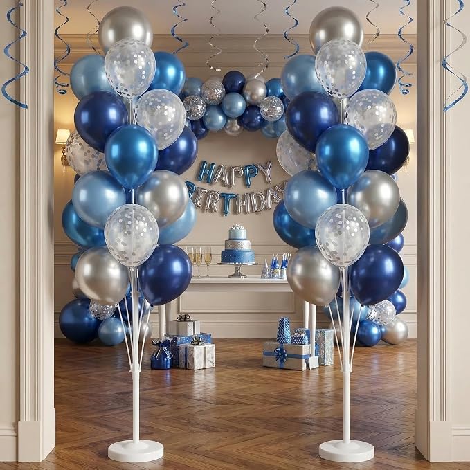 Blue Silver Balloon Column Kit Set of 2 With Dark Navy Confetti Balloons Included-Balloon Tower Stand, Base&Pole,Backdrop Decoration for Wedding, Baby Shower,Birthday,Graduation,Engagement Party
