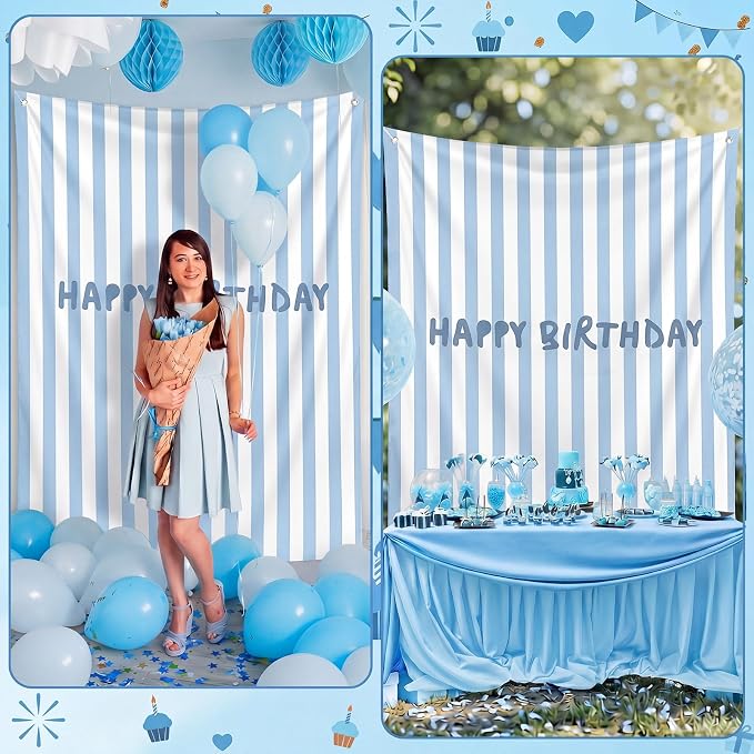 Flutesan 7x5ft Blue Stripe Happy Birthday Backdrop Large Banner Fabric Tapestry Birthday Party Decoration Baby Shower Linen Rustic Background Wall Photo Props Indoor Outdoor