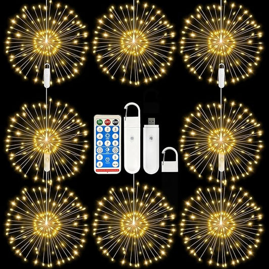 FOOING 8 Pack Firework Lights LED, Hanging Christmas Lights, 8 Modes USB Rechargeable Battery Operated Fairy Light with Remote, Twinkle Star String Lights for Party Christmas Decoration Outdoor Indoor