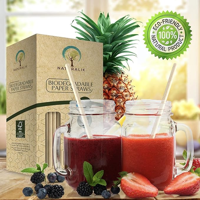 Naturalik 300 Pack Extra Durable Red Paper Straws Biodegradable- Heavy Duty Eco-Friendly Paper Straws Bulk- Drinking Straws for Juices, Restaurants and Party supplies, 7.7" (Red, 300ct)