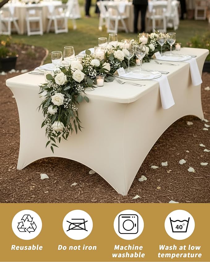 Fixwal Ivory Tablecloths for 8 Foot Rectangle Tables, 2 Pack Spandex Stretch Fitted Table Covers for Party, Trade Show, Banquet, Wedding, Buffet