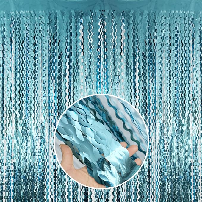 GOER 3.2 ft x 6.5 ft Metallic Tinsel Foil Fringe Curtains Party Photo Backdrop Party Streamers for Birthday,Graduation,New Year Eve Decorations Wedding Decor (1 Pack,Wavy Light Blue)